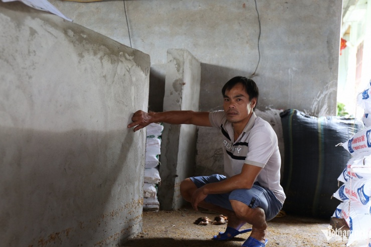 Anh Sỹ chỉ vào vạch nước lũ trên tường. Nước ngập cao như vậy thì đàn gà sao sống nổi.