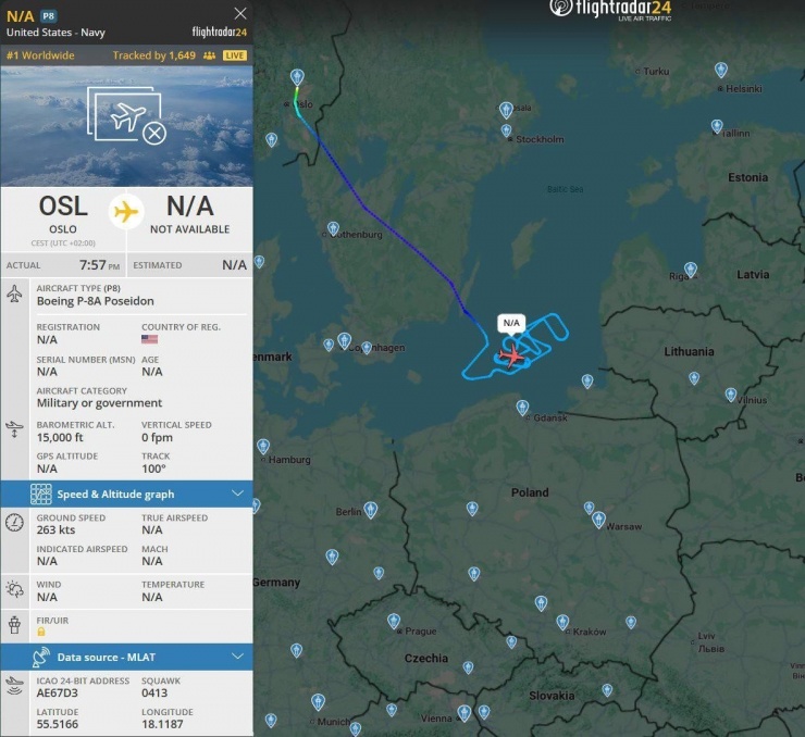 Máy bay P-8 Poseidon của Mỹ thực hiện chuyến bay trên Biển Baltic. Ảnh: Flightradar24