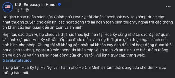 Thông báo trên tài khoản Facebook chính thức của Đại sứ quán Mỹ tại Hà Nội trưa 1-10. Ảnh chụp màn hình Facebook