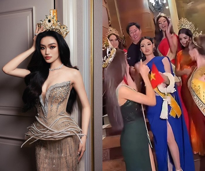 Nhiều netizen thắc mắc Yến Nhi không đội vương miện khi chụp hình cùng dàn thí sinh và chủ tịch cuộc thi. (Ảnh MGV)