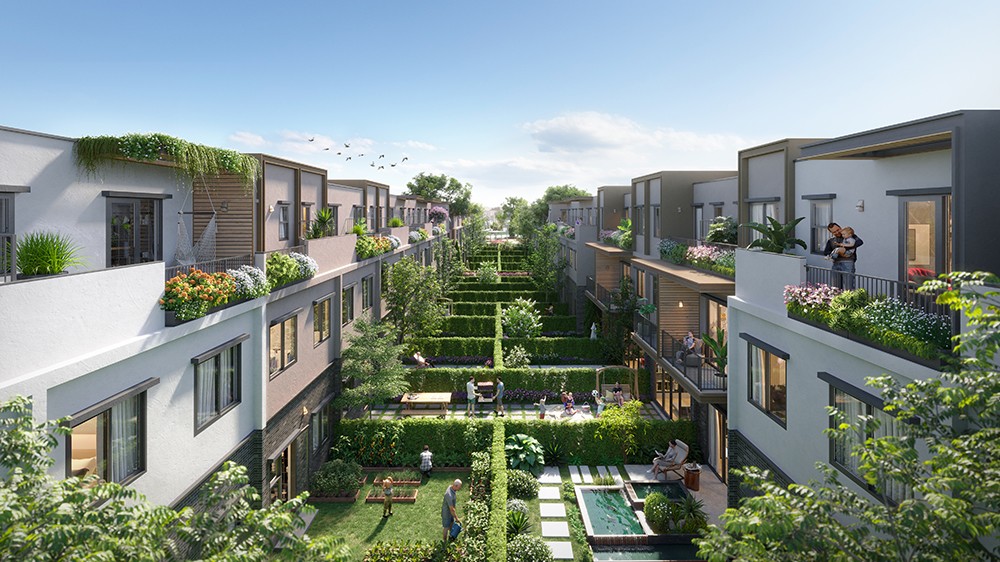 Ban công rộng mở, sân vườn với bố cục cân đối tạo nên một tổng thể hài hòa và đầy chất thơ.