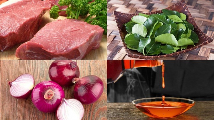 Nguyên liệu gồm: Thịt heo 300 gr; Lá bưởi 20 gr (khoảng 20 lá); Hành tím 2 củ; Nước mắm 1 muỗng cà phê; Gia vị thông dụng 1 ít.