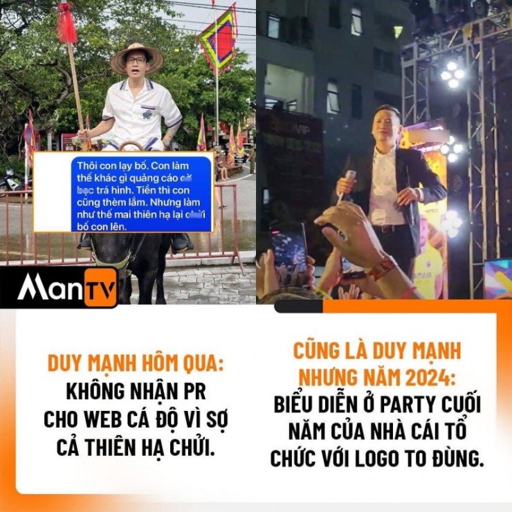 Sau khi phê phán “nhóm Ngũ Hổ Tướng” quảng cáo cờ bạc, cư dân mạng đã “bóc phốt” Duy Mạnh từng biểu diễn tại các sòng bài Campuchia.