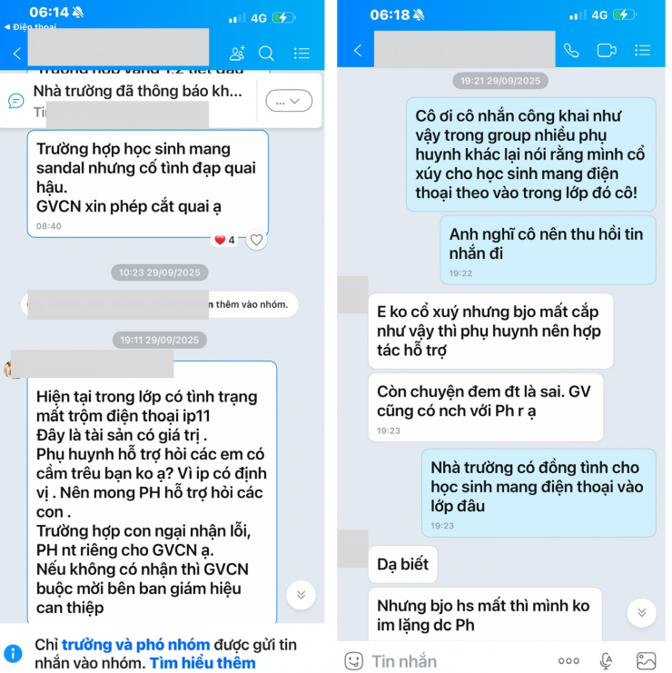 Nội dung tin nhắn của GVCN và phụ huynh