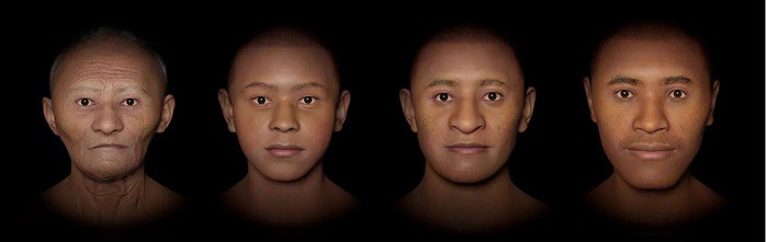 Kết quả sau cùng của quá trình tái tạo, từ trái qua lần lượt là gương mặt người phụ nữ lớn tuổi, đứa trẻ và 2 nam thanh niên - Ảnh: FACE LAB