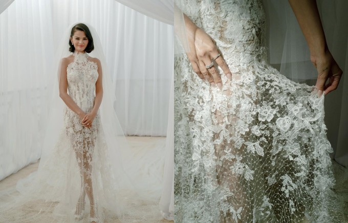 Ở buổi lễ chính, cô chọn đầm ren mỏng xuyên thấu. Ảnh: Instagram Selena Gomez