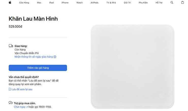 Khăn Lau Màn Hình của Apple được bán với giá 529.000 đồng.