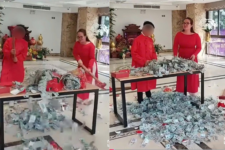 Màn đập lợn "khủng" toàn tiền mệnh giá 500.000 đồng gây sốt dư luận của Hoàng Hường.