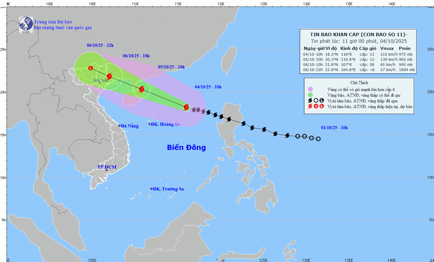 Dự báo hướng di chuyển của bão số 11 Matmo.