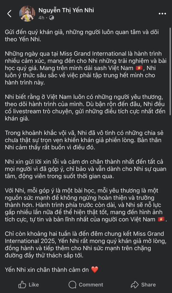 Yến Nhi đăng bài xin lỗi khán giả vào tối 4/10.