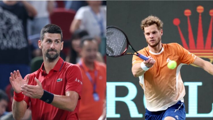 Djokovic (áo đỏ) dự báo sẽ không gặp nhiều khó khăn trước Hanfmann (áo vàng)
