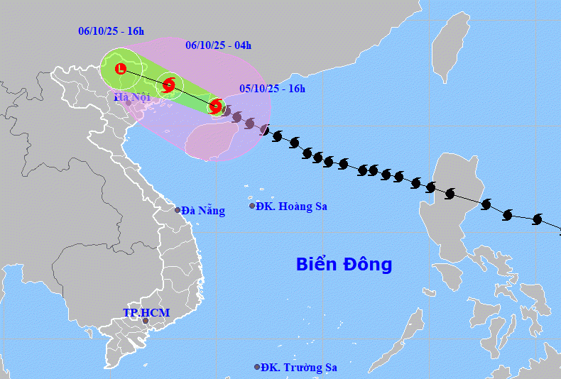 Từ đêm 5/10 đến trưa 6/10, bão số 11 ảnh hưởng đến đất liền Đông Bắc Bộ. Nguồn: NCHMF