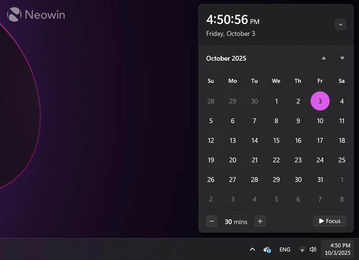 Lịch và đồng hồ có kèm theo giây giống Windows 10 trở lại trên Windows 11.