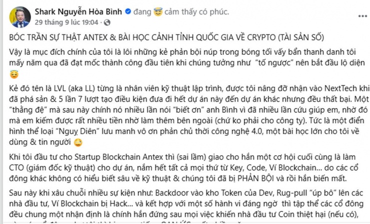 Shark Bình lên tiếng trên trang cá nhân. FBNV