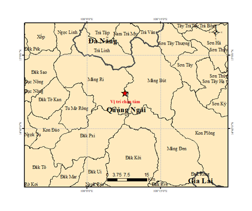 Tâm chấn trận động đất mạnh 4.9 độ ở Quảng Ngãi.