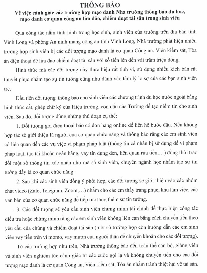 Cảnh báo từ Trường ĐH Cửu Long