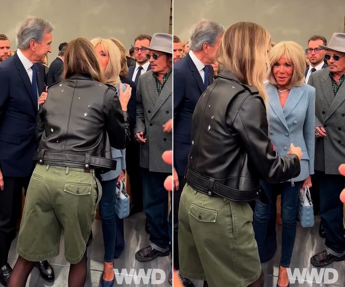 Charlize Theron chào hỏi Đệ nhất phu nhân Pháp Brigitte Macron rồi rời đi ngay trong khi Johnny Depp đứng bên cạnh. Ảnh: WWD