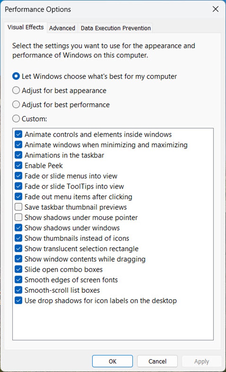 Hãy đánh dấu kiểm trước&nbsp;Adjust for best performance&nbsp;trong tab Visual Effects.