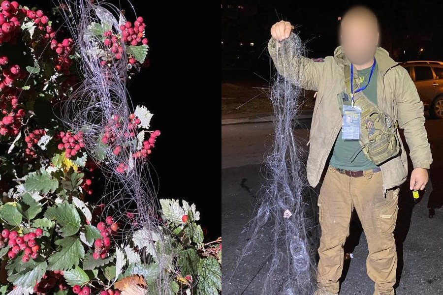 UAV gắn dây cáp quang sau khi được sử dụng để lại những cuộn dây siêu mỏng giống như tơ nhện. Ảnh: Euromaidan Press.