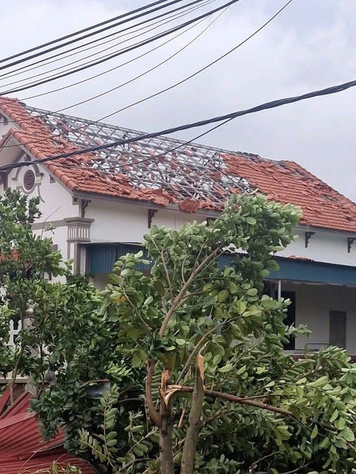 Hình ảnh mái ngói, tường gạch, cột điện tại tổ dân phố Tường, phường Chu Văn An (TP Hải Phòng) hư hỏng sau cơn dông xuất hiện lúc rạng sáng 7/10.