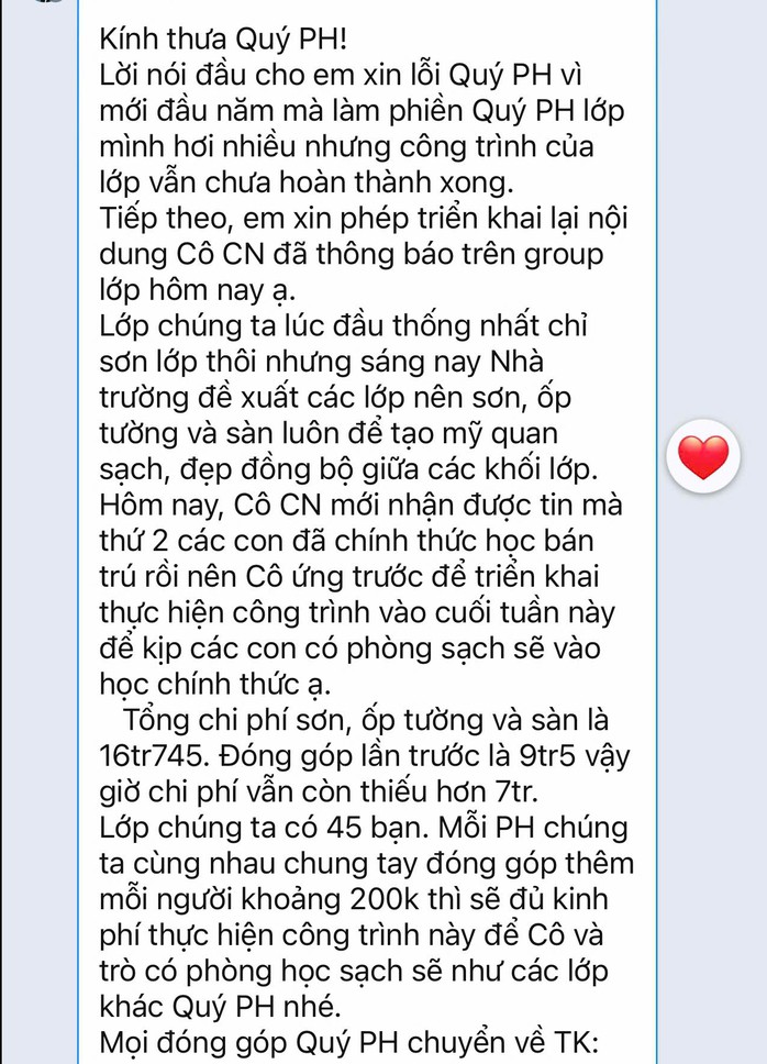 Tin nhắn trong nhóm lớp 5/6 về việc vận động phụ huynh