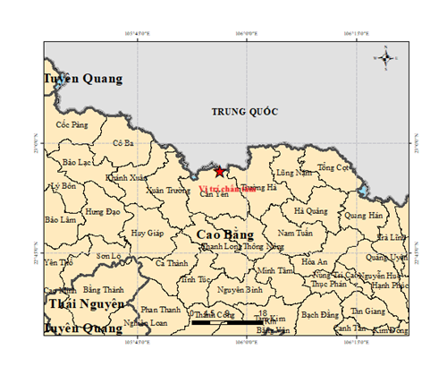 Vị trí xảy ra trận động đất ở Cao Bằng chiều nay.