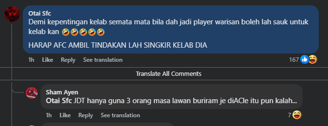 Trên Facebook, các fan Malaysia kêu gọi AFC (LĐBĐ châu Á) đuổi Johor Darul Ta'zim (JDT) khỏi Cúp C1 châu Á vì dùng 3 cầu thủ nhập tịch trái phép (dòng dưới là một fan cười nhạo rằng JDT dùng cả 3 cầu thủ mà vẫn thua Buriram)