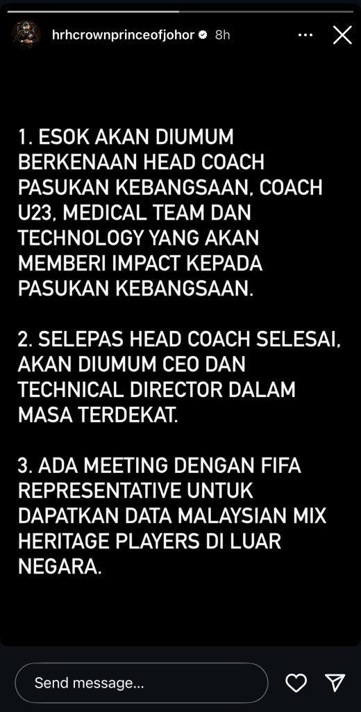 Bức ảnh chụp từ tài khoản Instagram của Thái tử bang Johor, trong đó ghi rõ mục 3 rằng "sẽ có một cuộc gặp với đại diện của FIFA để tìm dữ liệu về các cầu thủ kiều bào"