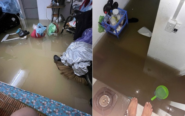 Nước trong phòng trọ dâng cao quá nhanh khiến Dũng sững sờ. Ảnh: NVCC