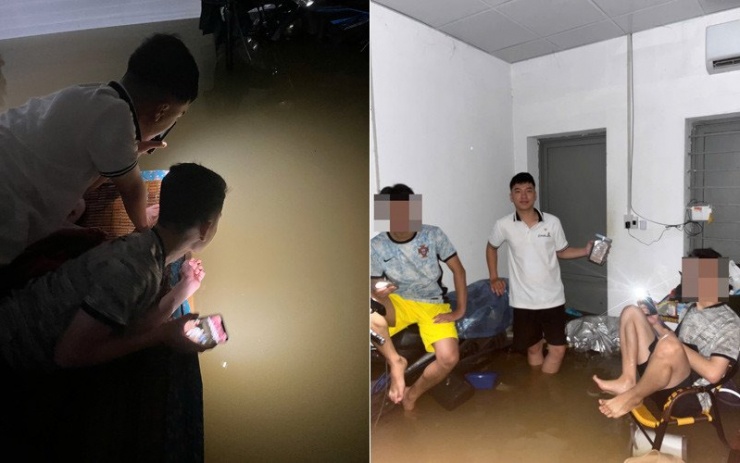 Dũng (áo trắng) và nhóm bạn thao thức vì nước ngập. Ảnh: NVCC