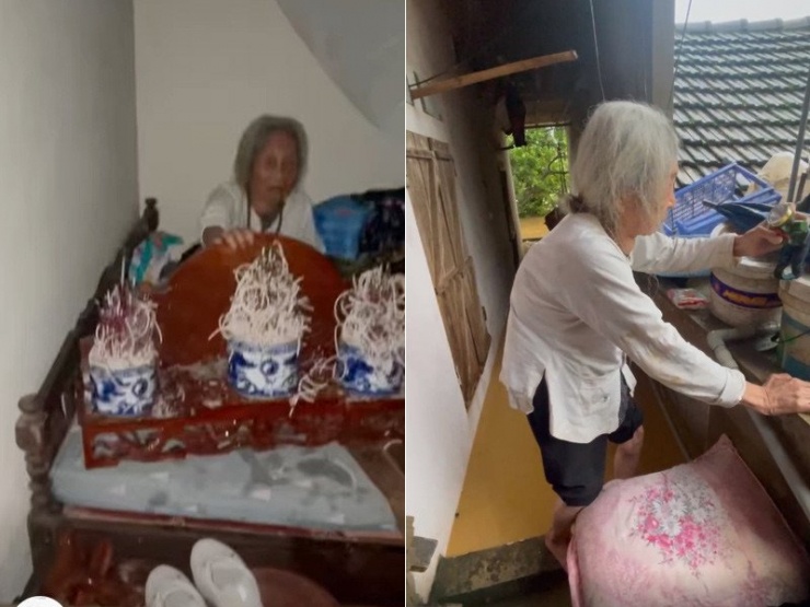 Hình ảnh cụ bà tóc bạc ngồi canh bát hương gia tiên khiến người xem thương xót 