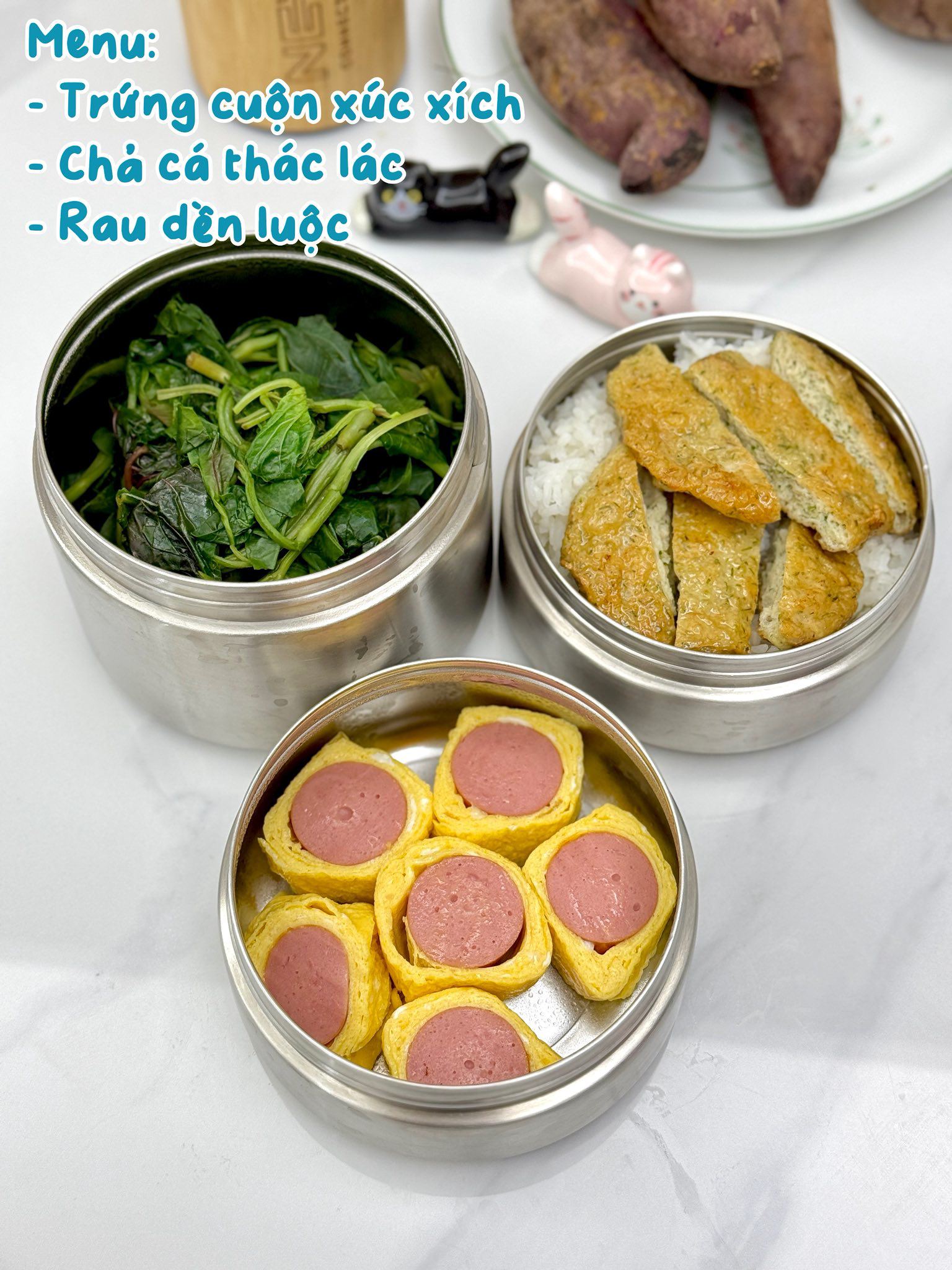 Trứng cuộn xúc xích - Chả cá thác lác - Rau dền luộc