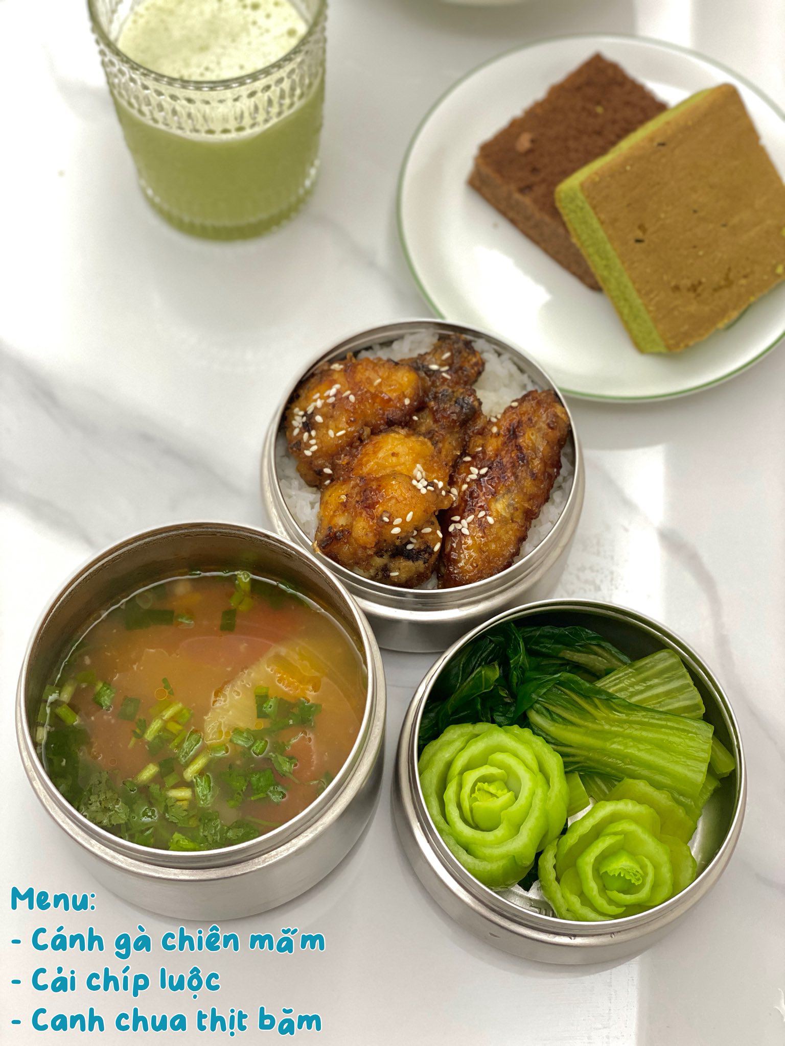 Cánh gà chiên mắm - Cải chíp luộc - Canh chua thịt băm