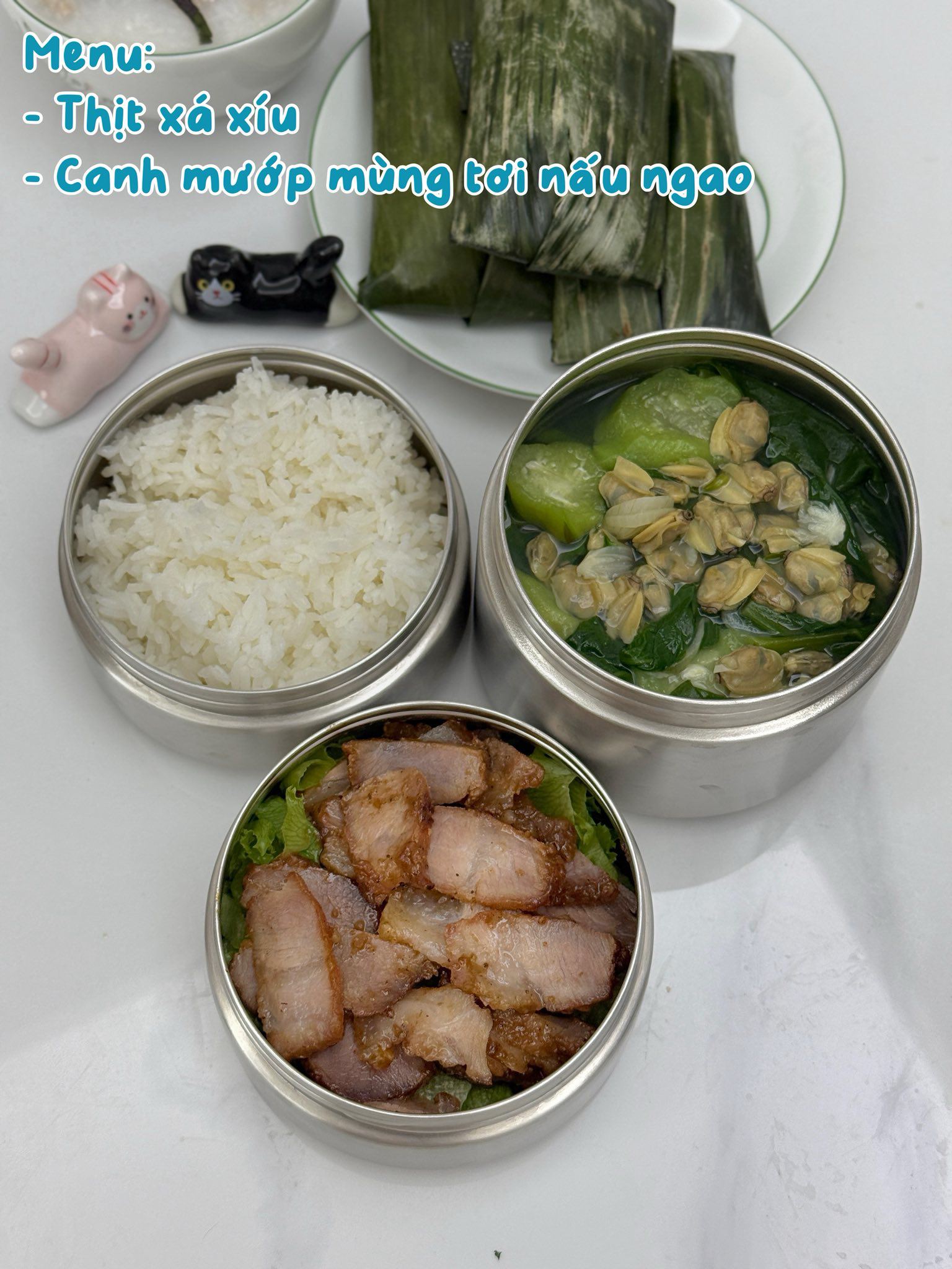 Thịt xá xíu - Canh mướp mùng tơi nấu ngao