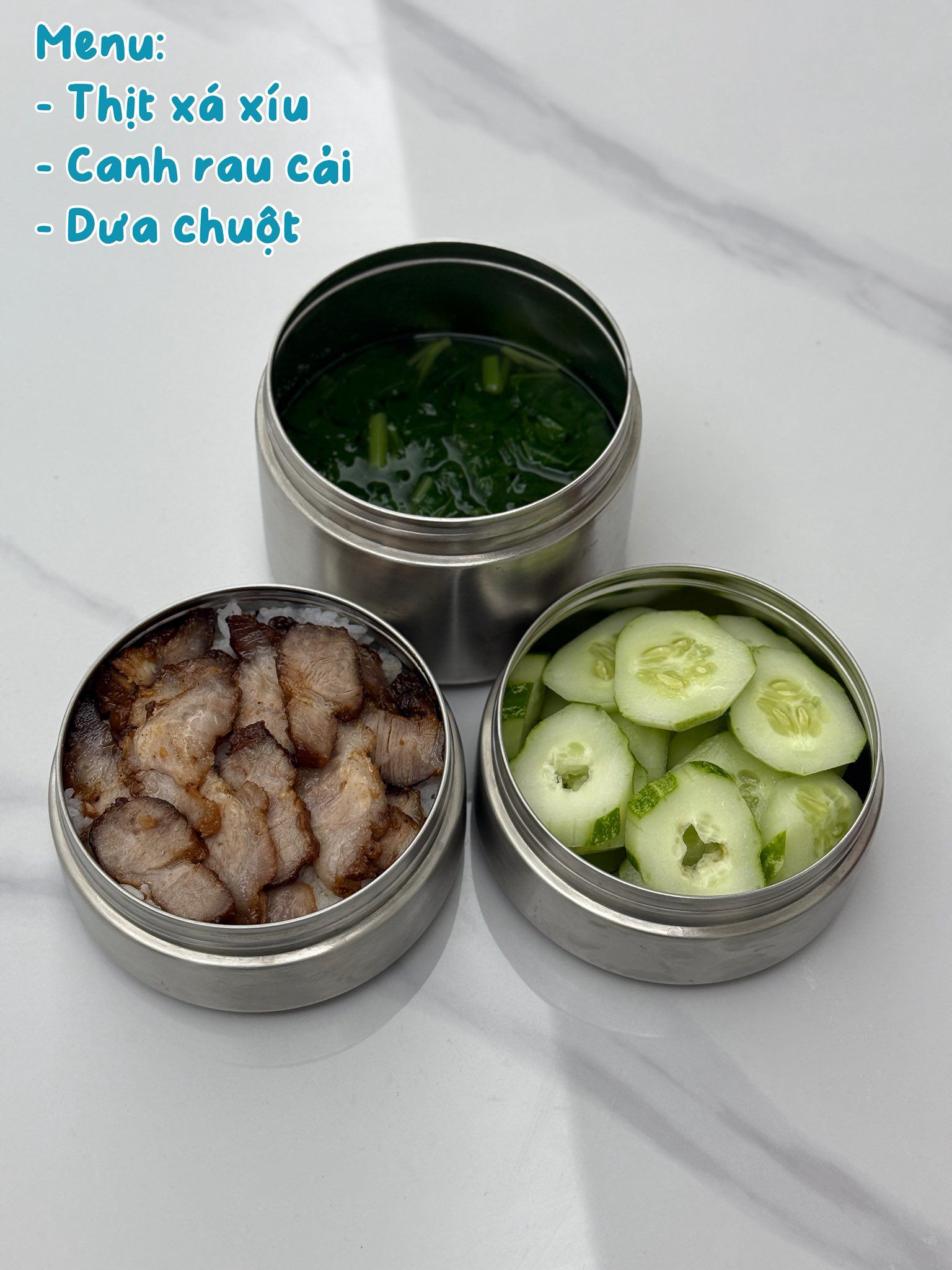 Thịt xá xíu - Canh rau cải - Dưa chuột