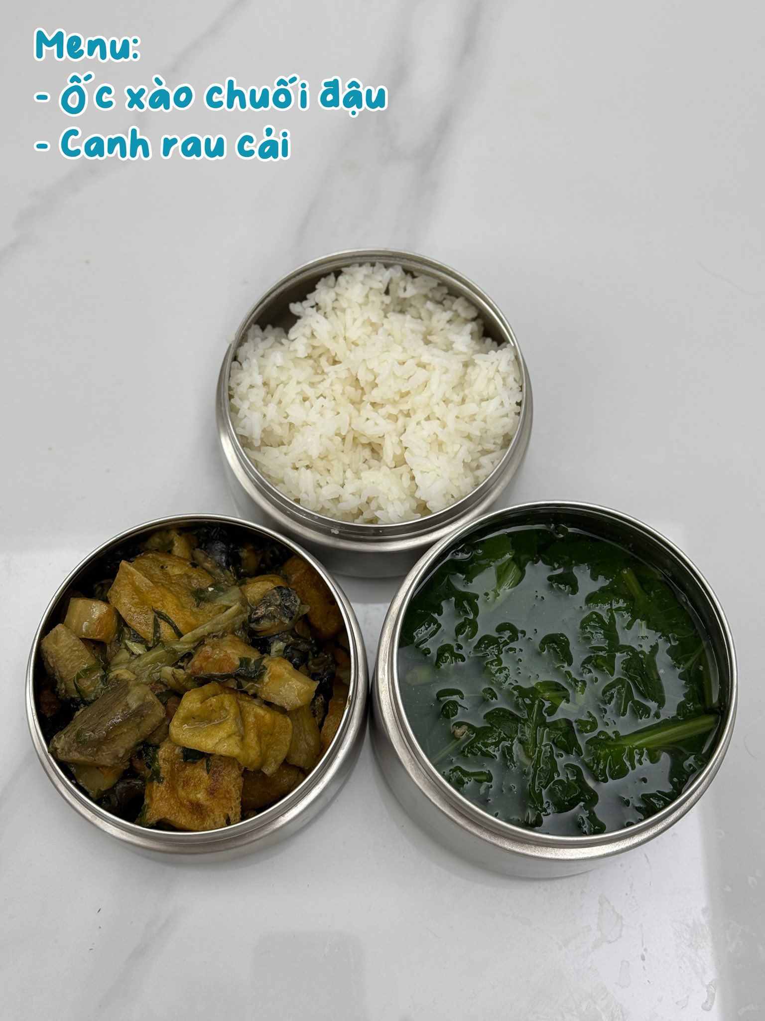 Ốc xào chuối đậu - Canh rau cải