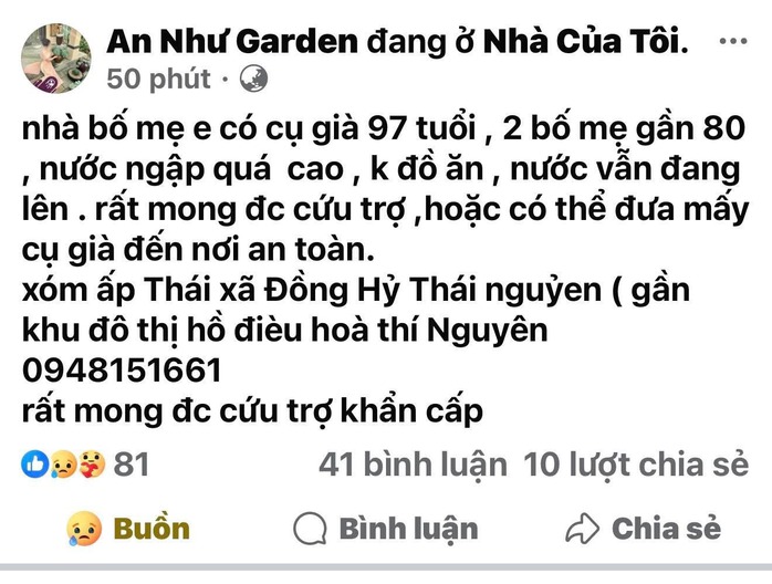 Một người dân Thái Nguyên kêu cứu các lượng lượng cứu hộ đến hỗ trợ cứu người thân. Ảnh: OFFB