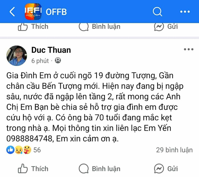 Một người dân Thái Nguyên kêu cứu các lượng lượng cứu hộ đến hỗ trợ cứu người thân. Ảnh: OFFB