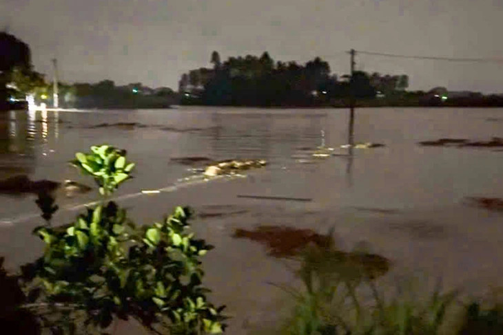 Một đoạn đê bối ở Tiên Lục, Bắc Ninh bị tràn nước khiến đồng ruộng bị ngập. Ảnh: Văn Tiến.