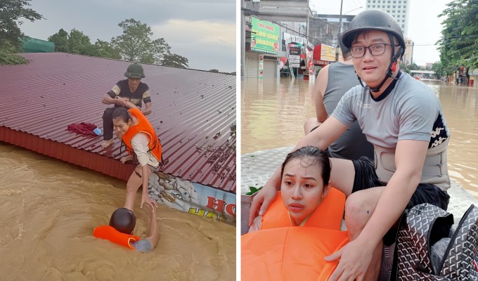 Anh Bùi Tùng giải cứu hai ông cháu, mắc kẹt trên mái nhà 18 tiếng, tại Bến Oánh, Túc Duyên, TP Thái Nguyên. Ảnh: Bùi Tùng