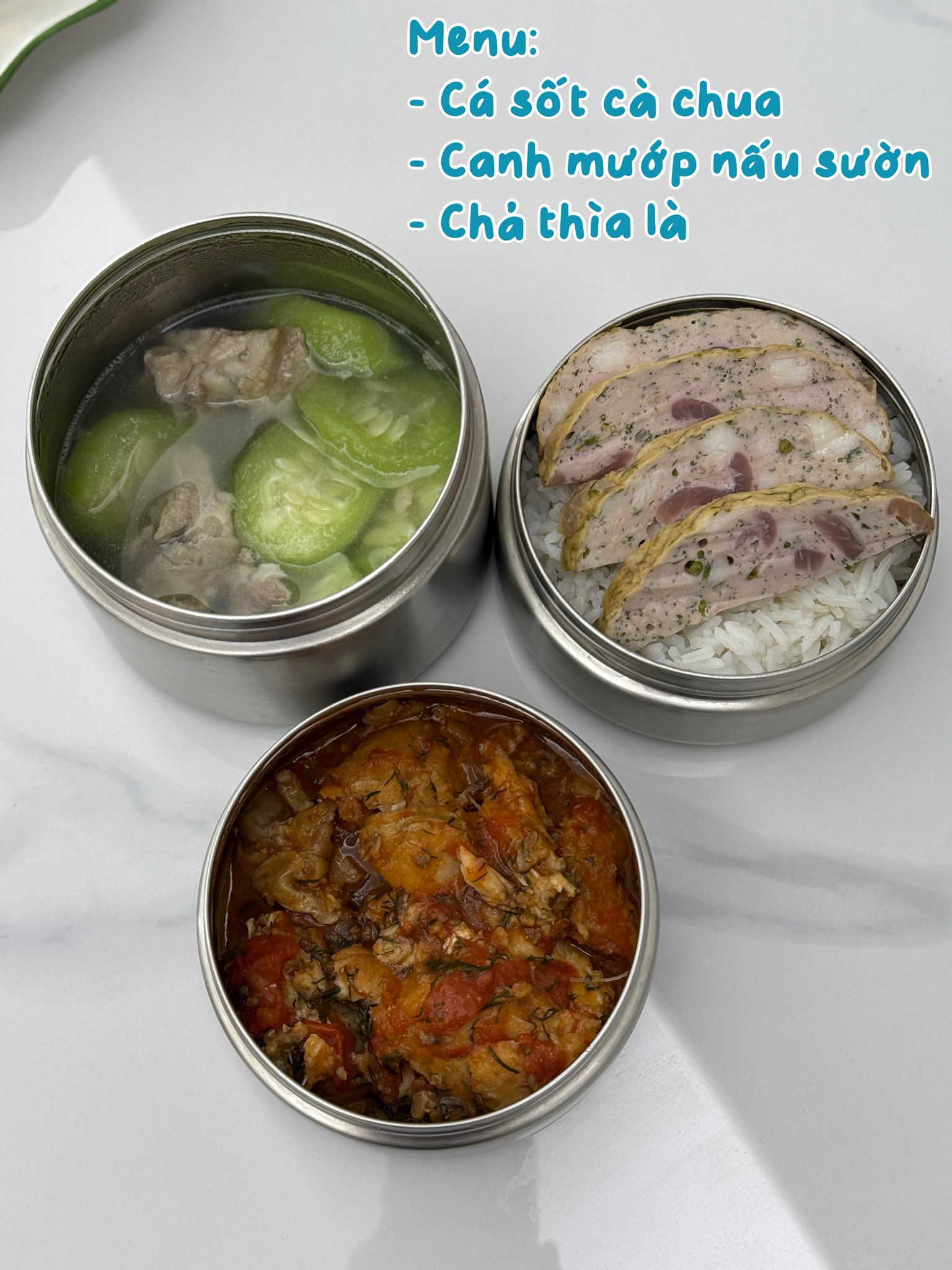 Cá xốt cà chua - Canh mướp nấu sườn - Chả thìa là