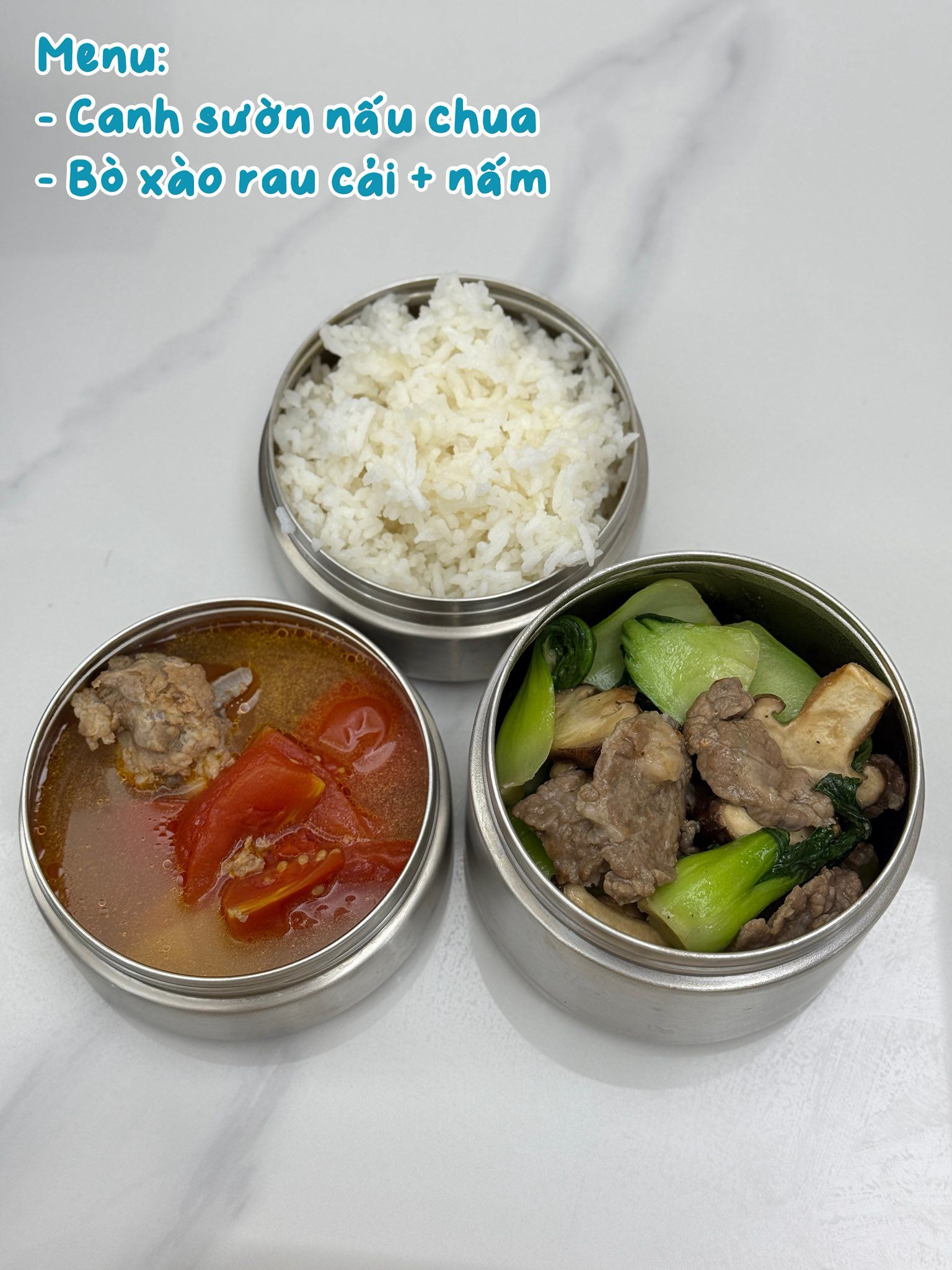 Canh sườn nấu chua - Bò xào rau cải, nấm