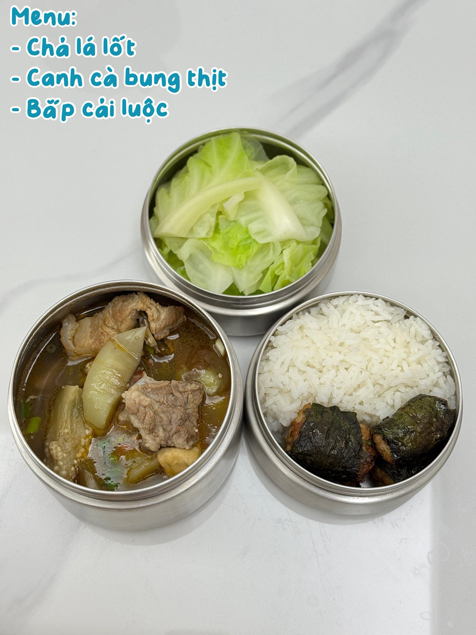 Chả lá lốt - Canh cà bung thịt - Bắp cải luộc