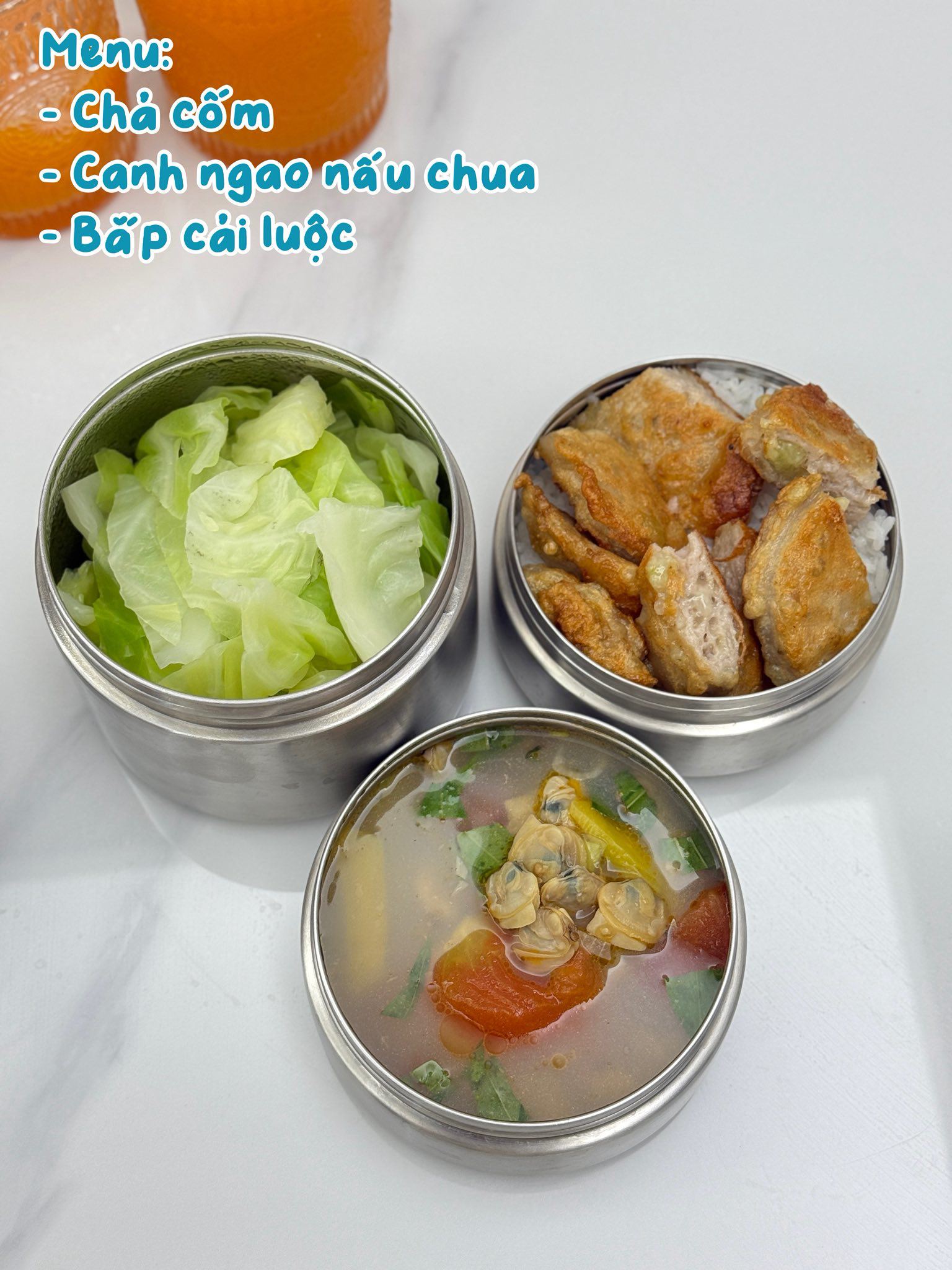 Chả cốm - Canh ngao nấu chua - Bắp cải