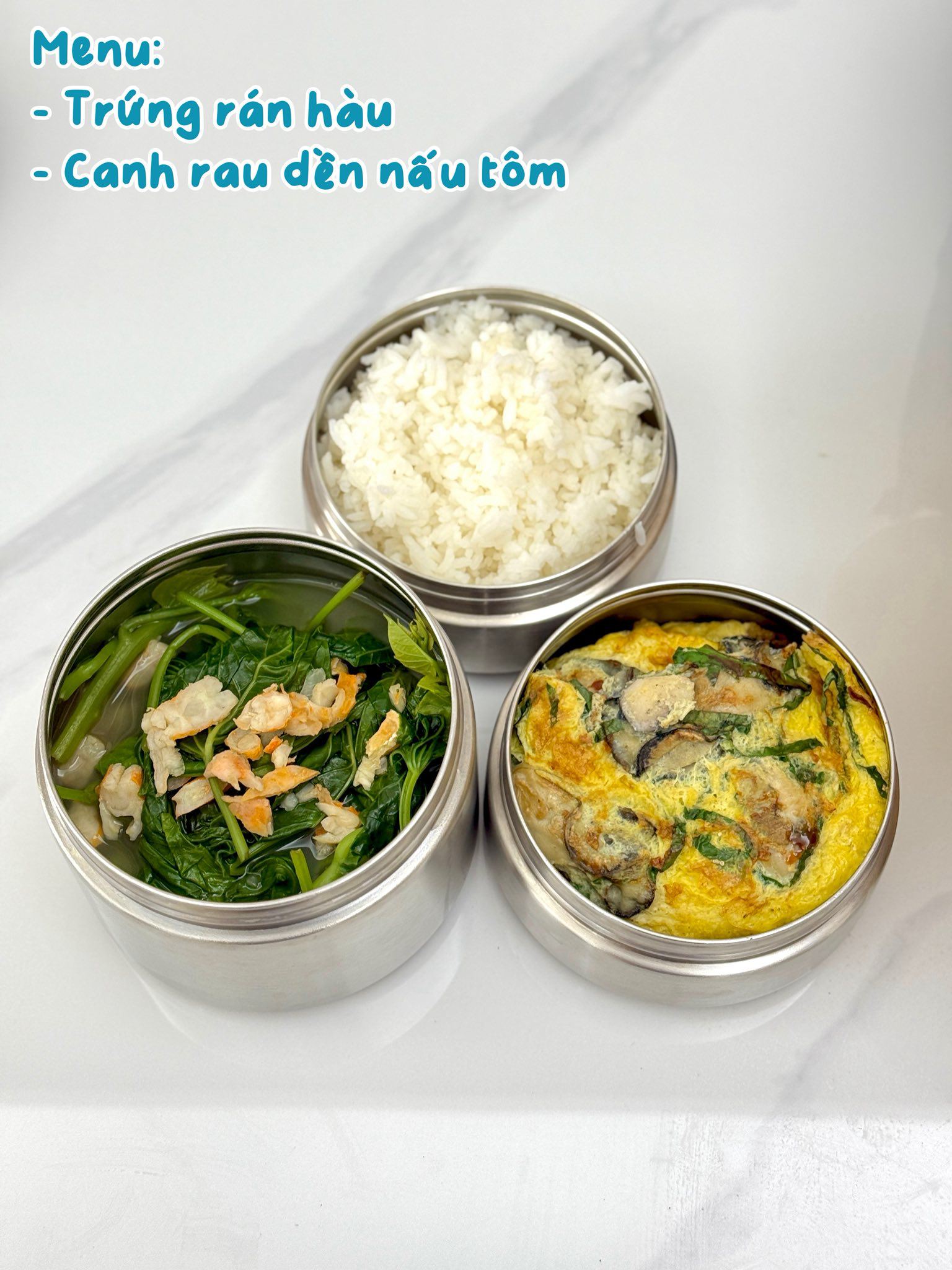 Trứng rán hàu - Canh rau lang nấu tôm