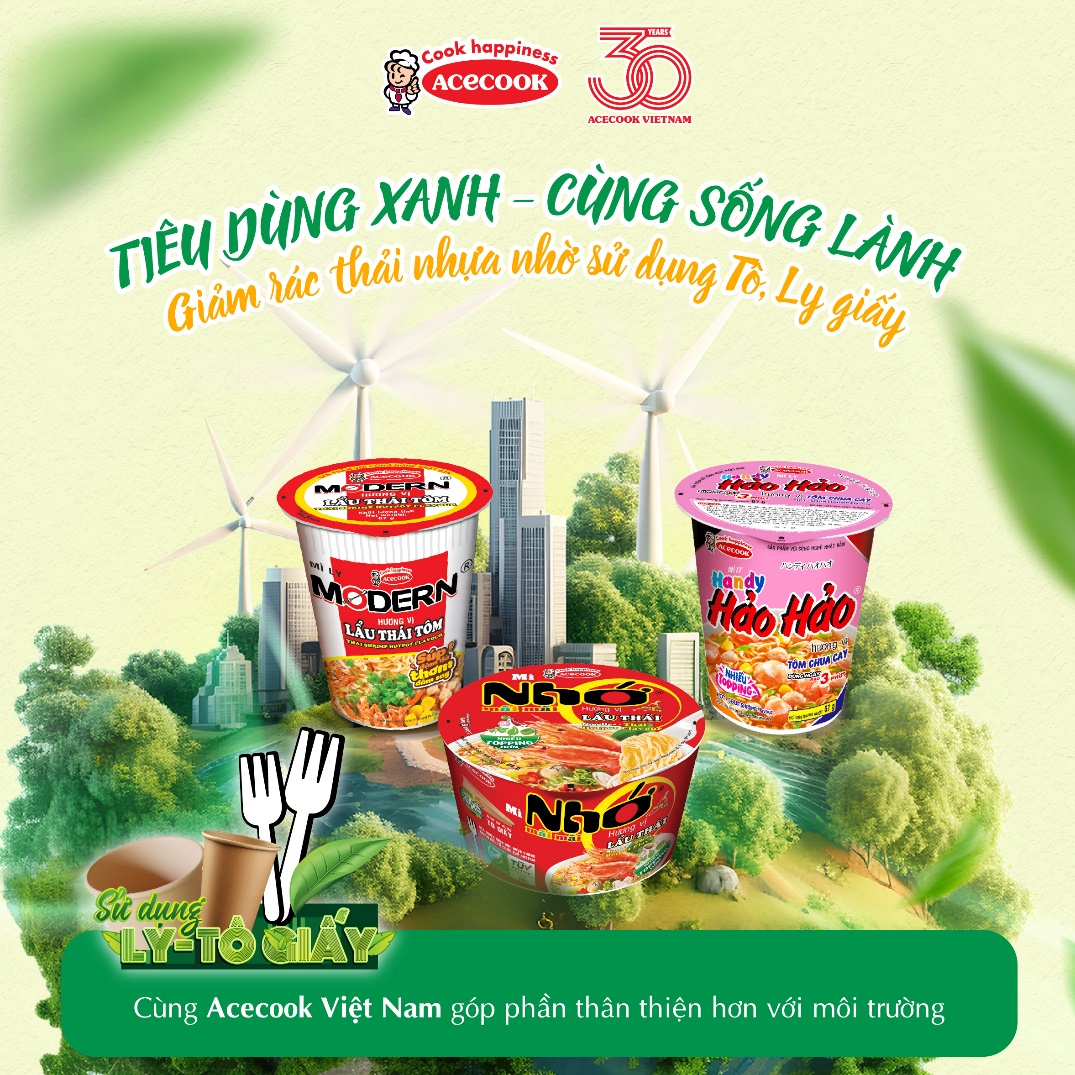Acecook hưởng ứng tinh thần “Tiêu dùng xanh - Cùng sống lành” với Mì ly Modern, Mì ly Handy Hảo Hảo, Mì Tô Nhớ Mãi Mãi,... được cải tiến bao bì giấy