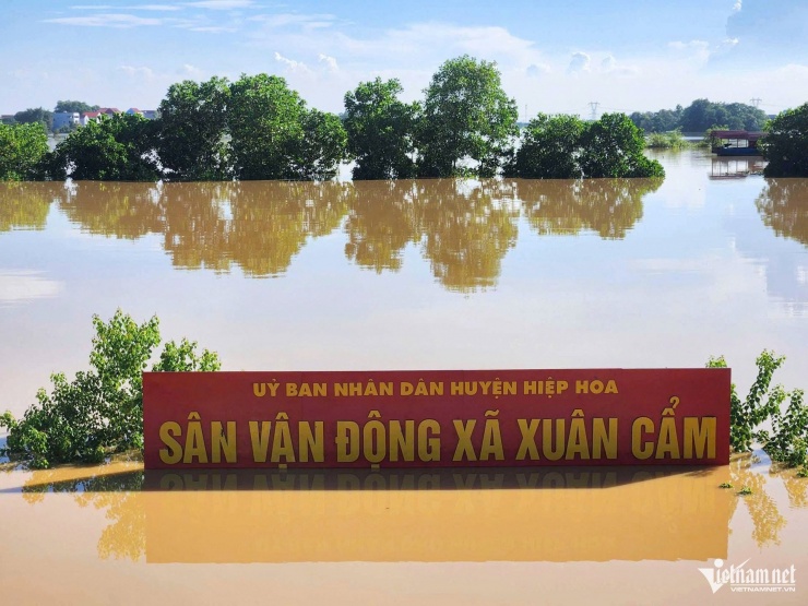 Sân vận động xã Xuân Cẩm (cũ) cũng chìm trong biển nước.