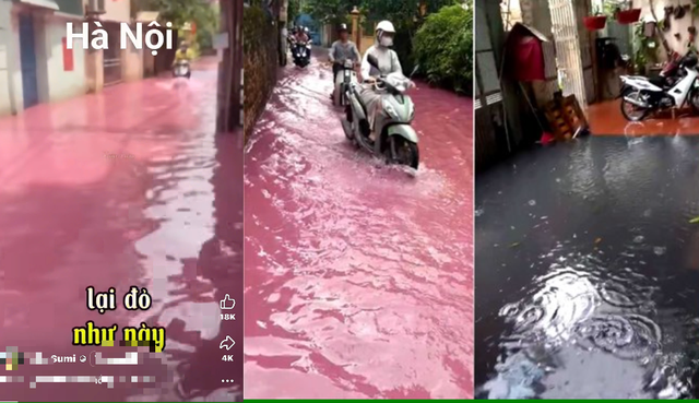 Nước ngập sau mưa đổi màu đen và đỏ bất thường tại khu dân cư gần Cụm công nghiệp Phú Minh, Hà Nội được chia sẻ trên mạng xã hội. Ảnh chụp màn hình.