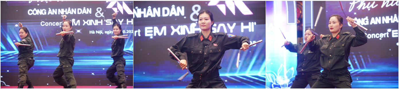 Những nữ cảnh sát đặc nhiệm múa côn nhị khúc điêu luyện nhận được sự cổ vũ nhiệt tình của các em xinh và khán giả. Ảnh: Duy Phạm.