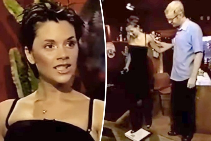 Vic bước lên cân kiểm tra trọng lượng cơ thể sau khi sinh con cả trong chương trình TFI Friday năm 1999.